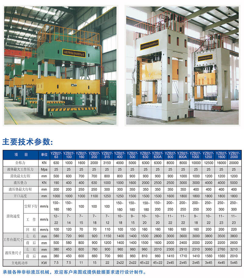 YZB27系列四柱式單動(dòng)薄板沖壓液壓機(jī)技術(shù)參數(shù)